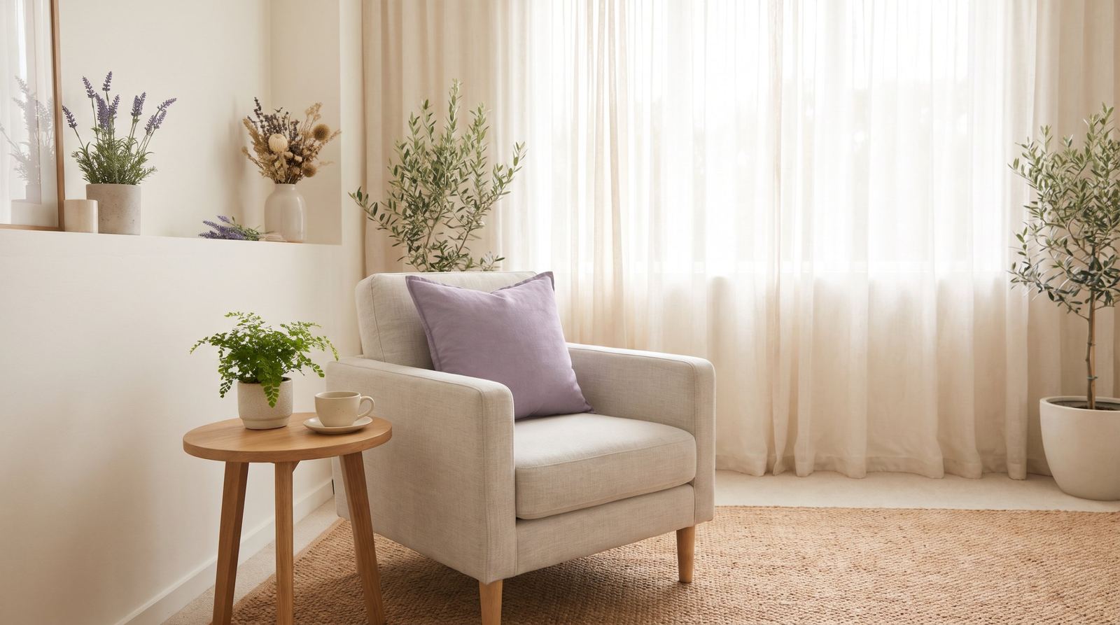 Poltrona de linho com almofada lilás, plantas e luz natural